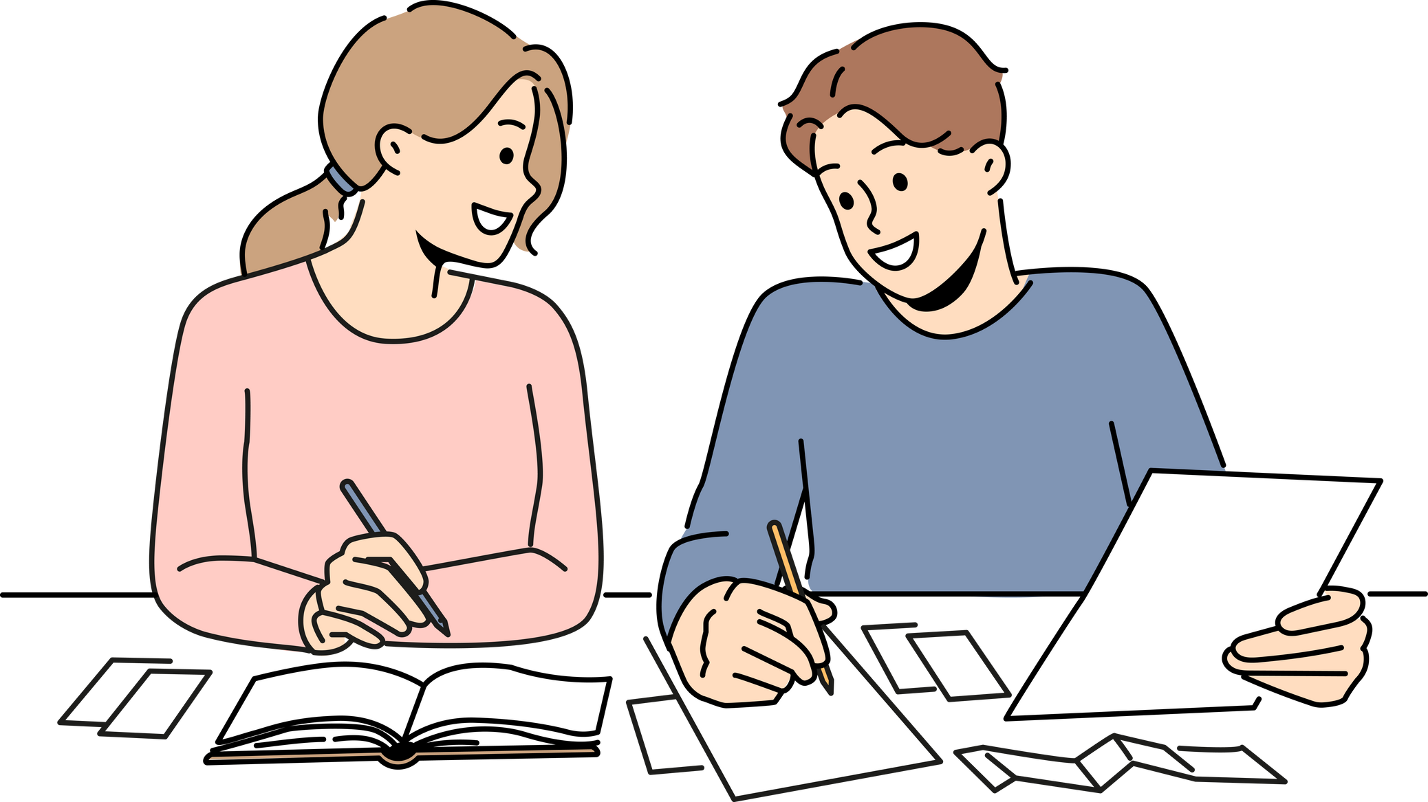 Smiling couple sit at desk managing finances